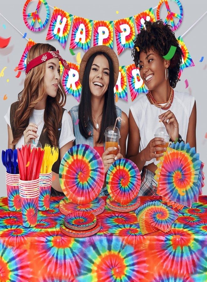Yaomiao 171 Pcs Tie Dye Tablecloth Birthday Decorations Tie Dye Party Tableware Set Serves 24 Includes Tie Dye Birthday Banner Rainbow Tablecloth Paper Plates Napkins Cups and Disposable Cutlery - Image 5